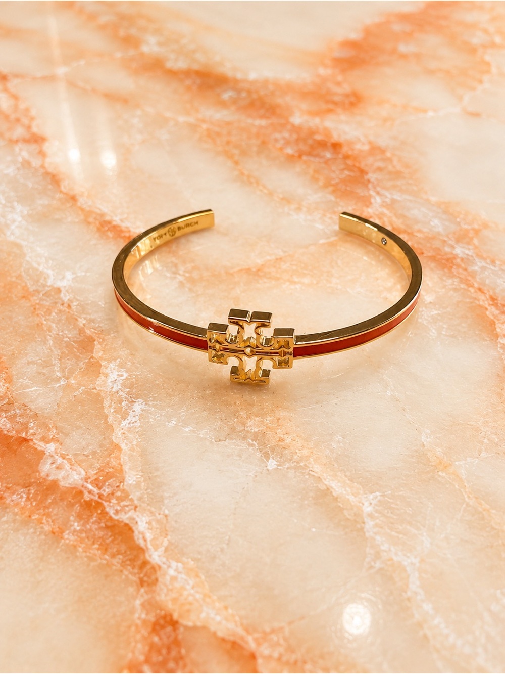 Tory Burch Orange Enamel Logo Cuff Bracelet | Gold Tone | Adjustable